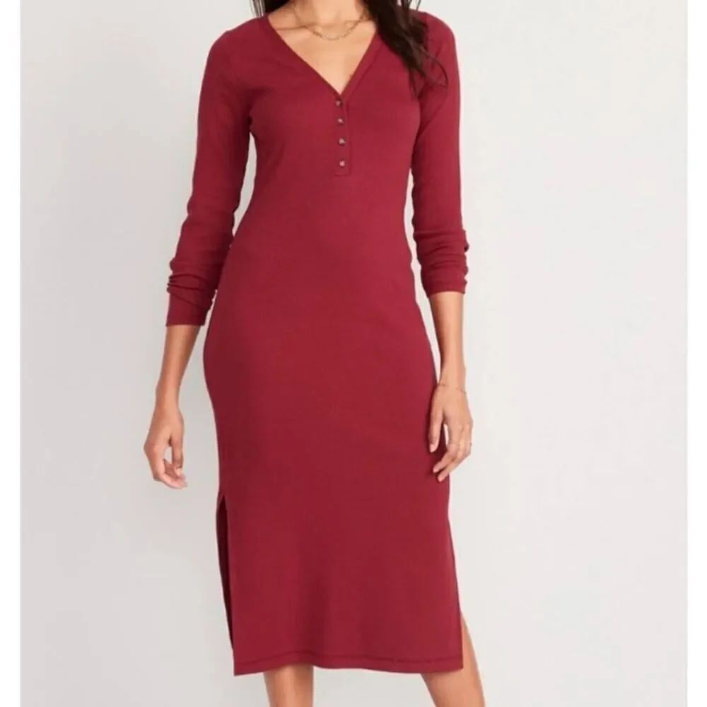 Old Navy Dress Women's XS Red Cotton Ribbed Henley Midi Long Sleeve